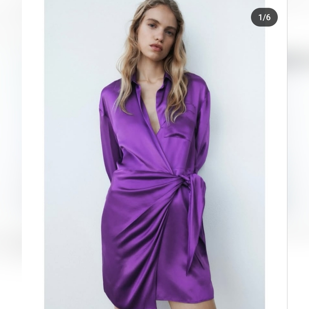 Zara satin effect wrap mini dress purple